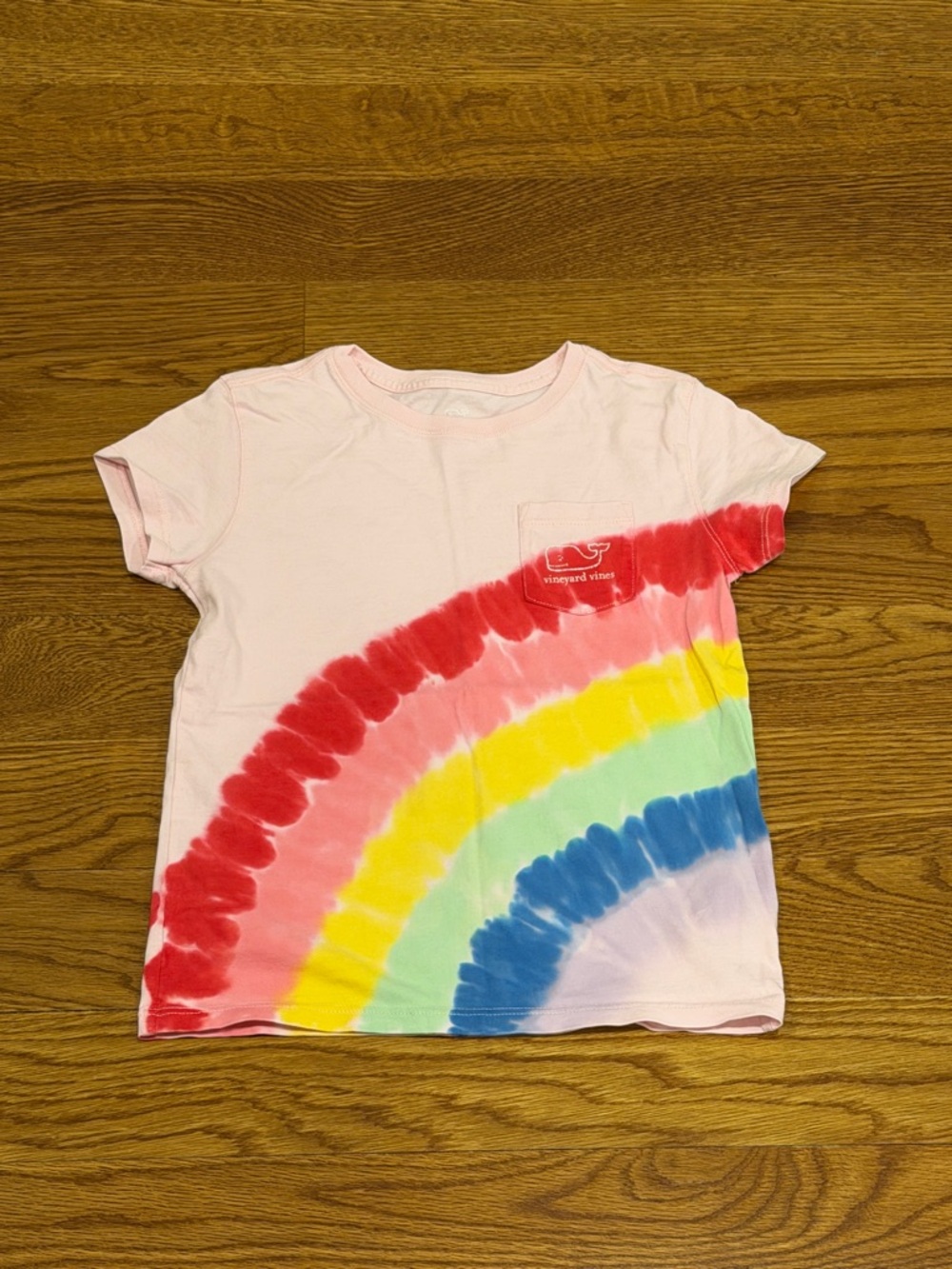 Vineyard Vines Pink Tee with Rainbow Tie-Dye Bands